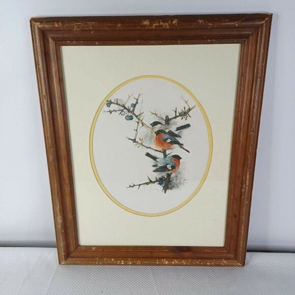 Vintage 80s Framed Danish Watercolor Bird Series Artist Mads Stage Spring Robins - Picture 2 of 8